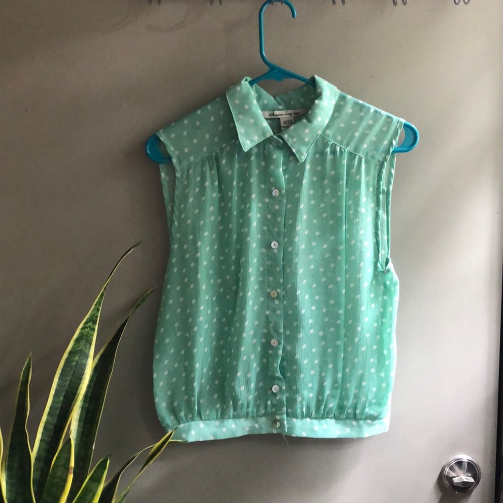 Polka dot mint green button front blouse